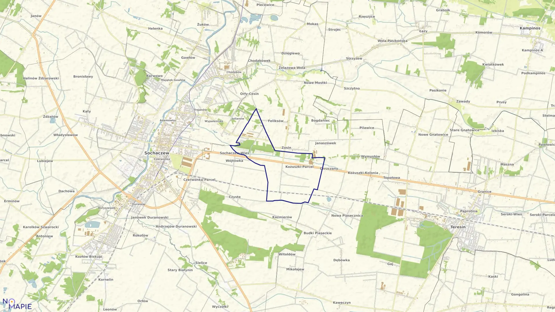 Mapa obrębu KOŻUSZKI PARCEL w gminie Sochaczew